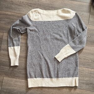 LOFT Striped Black and Cream Crew Neck Sweater